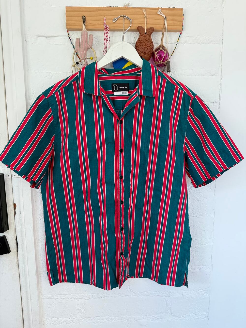 Original Use Striped Camp Shirt Large Teal Pink Cotton Vacation Resort Retro